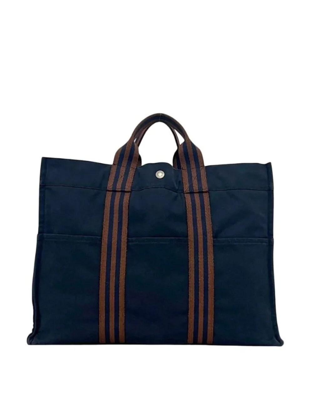 Hermes Tote Fourre Tout MM Navy Brown Lightweight Cotton Canvas Document Vintage